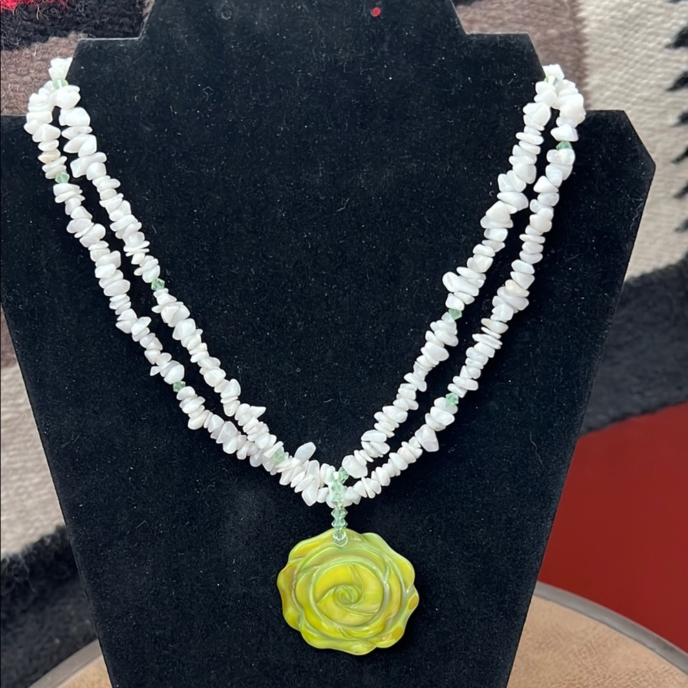 Elegant White and Lime green Rose Necklace Swarovski beads